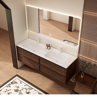 中古风陶瓷一体双槽洗脸盆洗漱台组合智能浴室柜化妆室台盆胡桃木