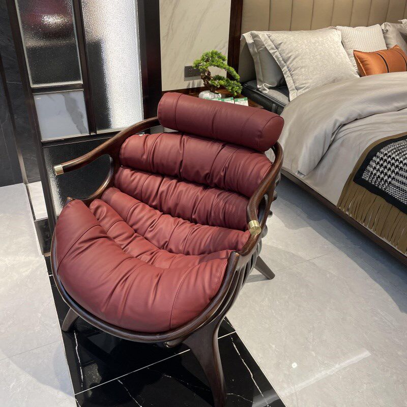 新中式实木沙发椅客厅单人椅躺椅北美黑胡桃木真皮休闲椅设计师款