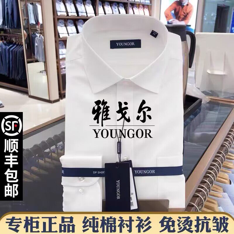 专柜雅戈尔纯棉长袖衬衫男中青年商务正装职业DP免烫纯白衬衣男