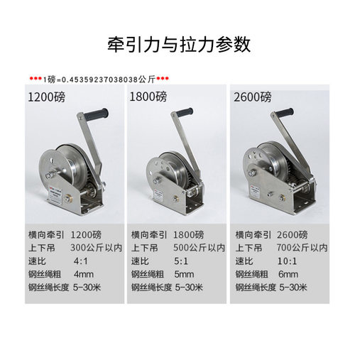 重型双向自锁手摇绞盘1200磅2600手动带刹车304全不锈钢手摇绞盘