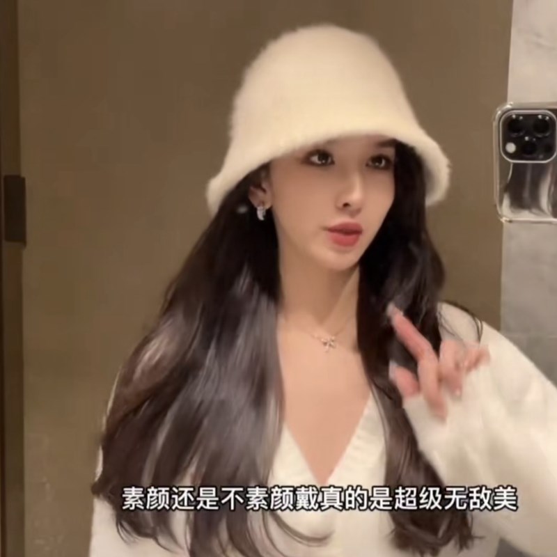 韩国时尚毛绒f渔夫帽女素颜遮脸秋冬白色兔毛水桶盆帽潮百搭显脸