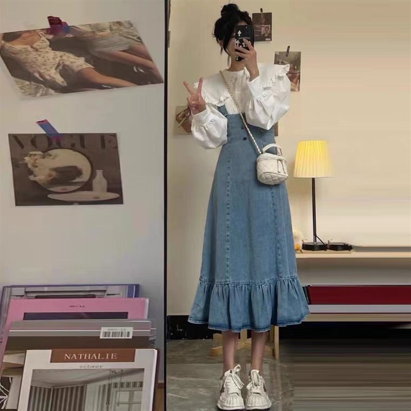 牛仔背带裙女2022年夏季新款减B龄荷叶边鱼尾连衣裙包臀吊带长裙