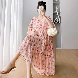 孕婦連j衣裙韓版 寬松200斤兩件套仙女雪紡碎花長裙潮媽 夏季 超大碼