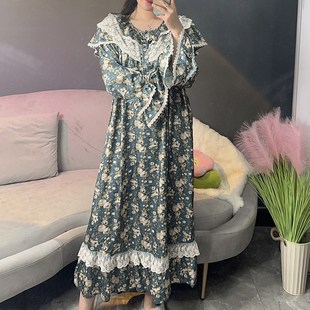 女大码 睡裙长裙宫廷风碎花三层领过膝裙 家居服中长款 圆q领长袖