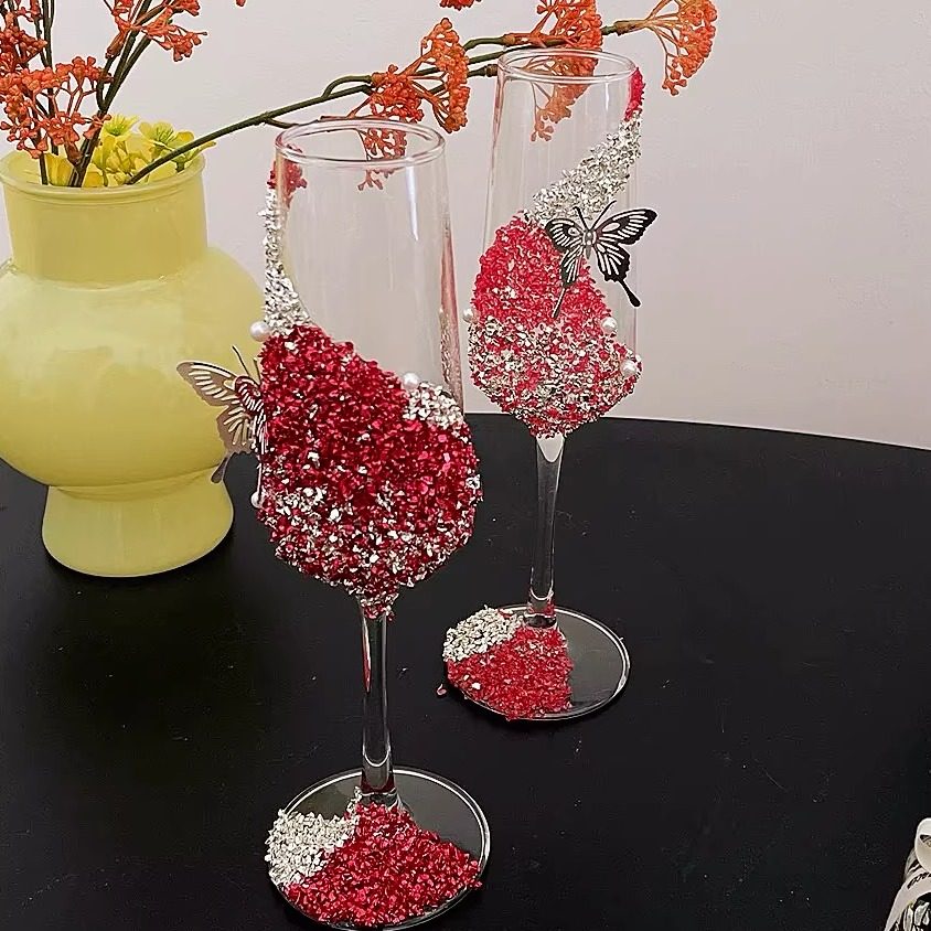 敬酒杯一对红色蝴蝶装饰高脚杯结婚礼物diy手工材料包创意香槟杯