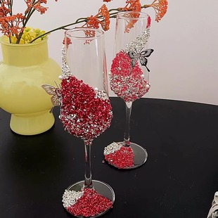 敬酒杯一对红色蝴蝶装饰高脚杯结婚礼物diy手工材料包创意香槟杯