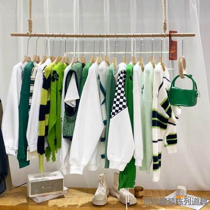 服装店展示架吊顶悬挂衣杆上墙橱窗吊架女装简约货架麻绳实木设计
