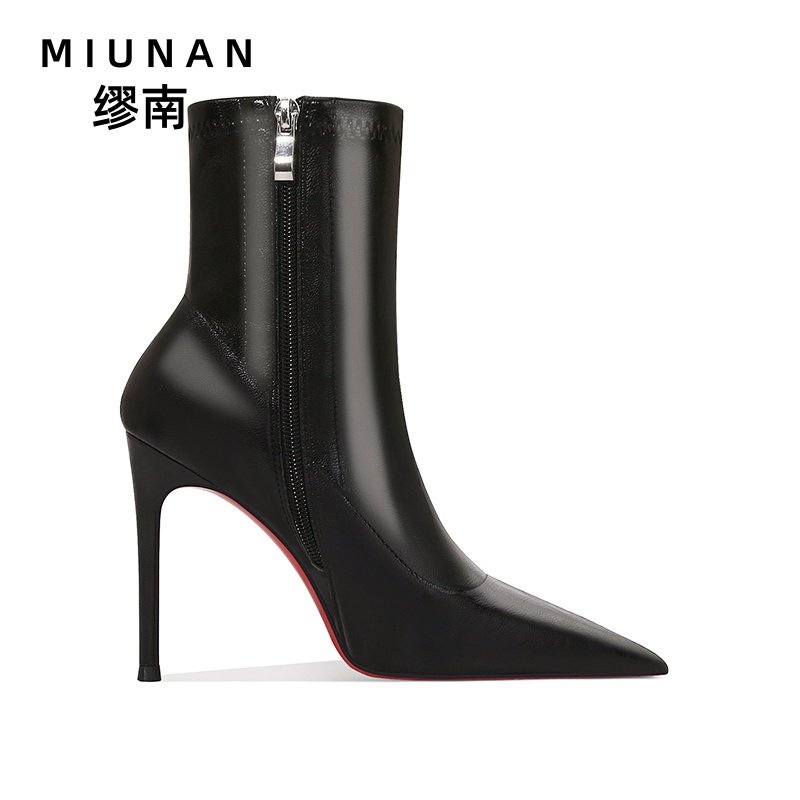 缪南高跟靴子爆款2025新款红底拉链短靴女细跟瘦瘦靴不累脚高级感