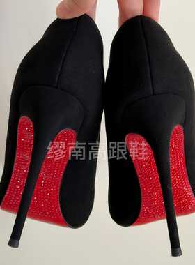 缪南黑色高跟鞋女细跟2025新款绒面红底尖头高跟鞋气质高级不累脚