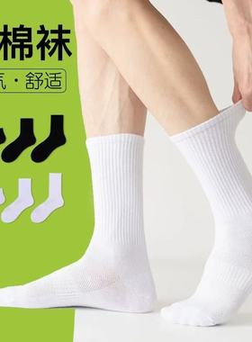 8双/袜子男士纯棉中高筒袜白色加厚毛巾底男生运动长袜黑短袜