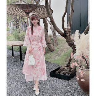 中式 连衣裙 改良旗袍裙中长款 胖mm显瘦遮肚小个子粉色甜美收腰大码