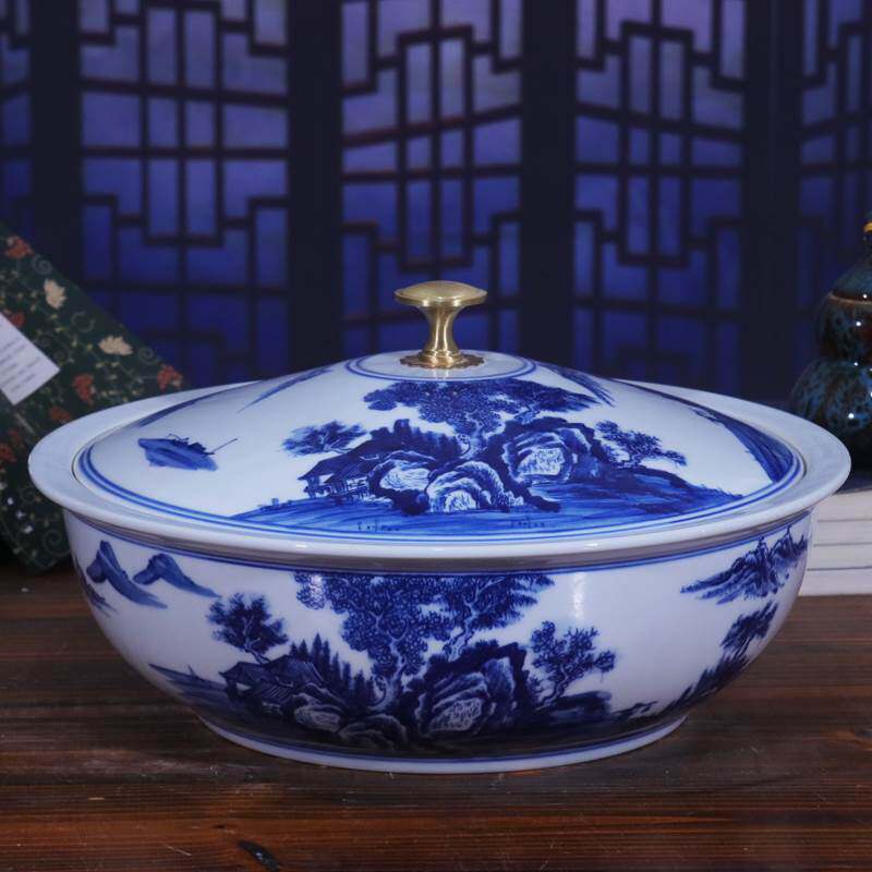 景德镇釉下彩中式面盆 14寸手绘插画陶瓷盖盆 植物花卉风格发面盆