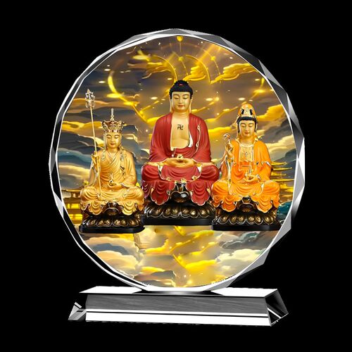 热销水晶摆台件娑婆三圣释迦牟尼佛地F藏王菩萨观世音菩画像桌面
