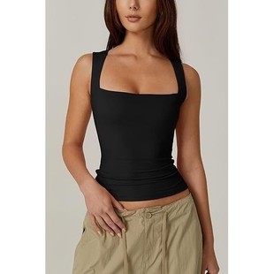 2025新款亚马逊夏季新款女式方领无袖双层背心基本款紧身T恤黑色