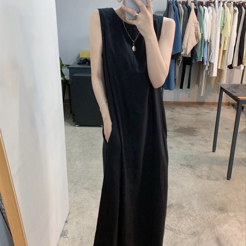 新品女装韩版宽松棉麻u连衣裙过膝慵懒风衬衫背心长裙