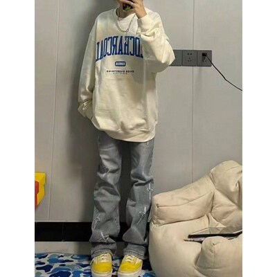 美式vibe复古十字星刺绣牛仔裤B女设计感高街微喇直筒长裤子ins潮