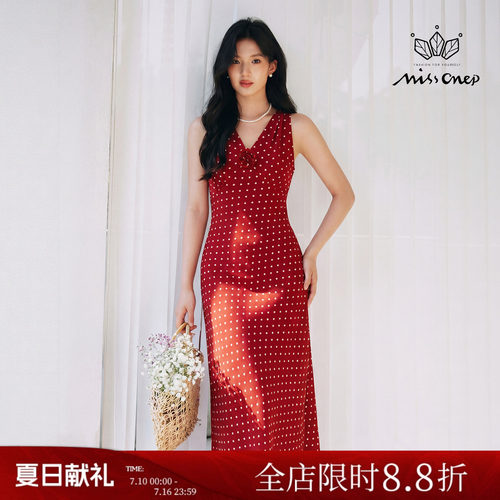 复古红色V领波点无袖长款连衣裙