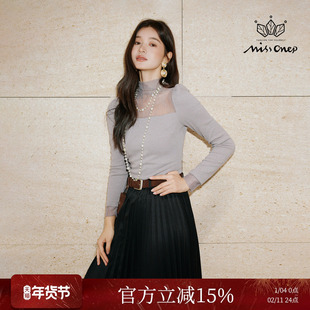 Missonep蝉【烟汀序】浪漫风紫色半高领蕾丝拼接毛针织衫女冬季