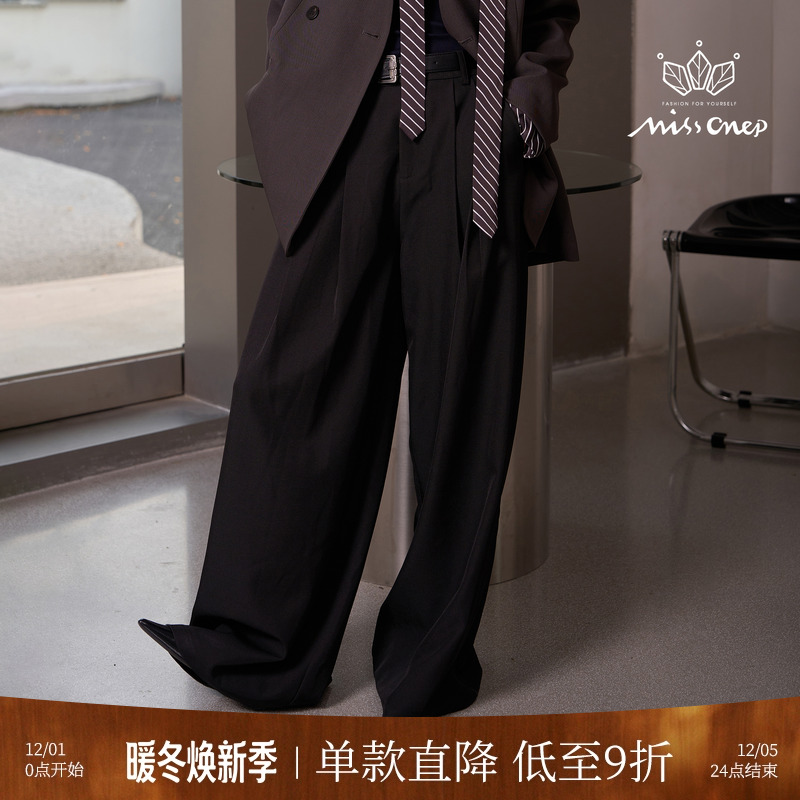Missonep通勤款黑色阔腿裤配腰带