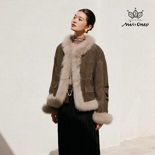 Missonep蝉【雪溶意】街头风深棕色牛仔拼接狐狸毛皮草外套女冬季