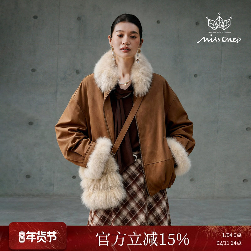 Missonep逸【雪溶意】复古风90鹅绒狐狸毛领麂皮外套配包女冬季,女装/女士精品,皮草,淘宝优惠券,粉丝福利购,淘宝优惠卷
