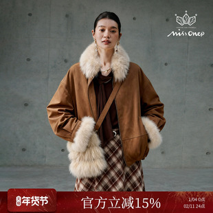 Missonep逸【雪溶意】复古风90鹅绒狐狸毛领麂皮外套配包女冬季