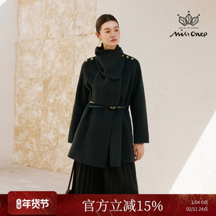 MissonepOL【雪境语】韩系黑色围脖领双面羊毛中长款毛呢大衣女冬