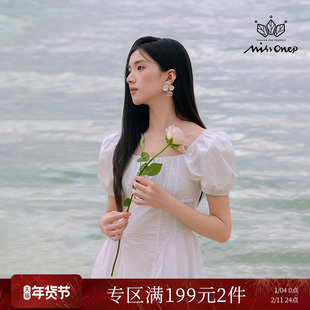 Missonep满【白山茶】法式方领泡泡袖收腰设计度假连衣裙女夏季