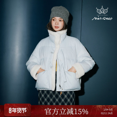 90鸭绒环保羊羔毛拼接短款羽绒服