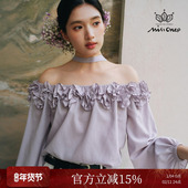 Missonep蝉 上衣配挂脖飘带春季 春雀跃 浪漫一字肩花瓣领灯笼袖