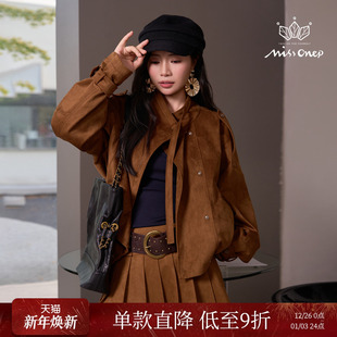 口绑带设计女冬季 Missonep逸 外套袖 复古感立领麂皮短款 枫书意