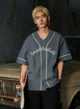 INSIDEDOT logo贴布绣衬衫男短袖2026新款夏装国风v领上衣衬衣潮