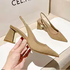 Pointed-Toe High-Heeled Shoes for Women, Chunky Heel, 2027 Spring/Summer/Autumn New Style, Retro Elegant Mule Closed-Toe Sandals, Women's Shallow Mouth Single Shoes