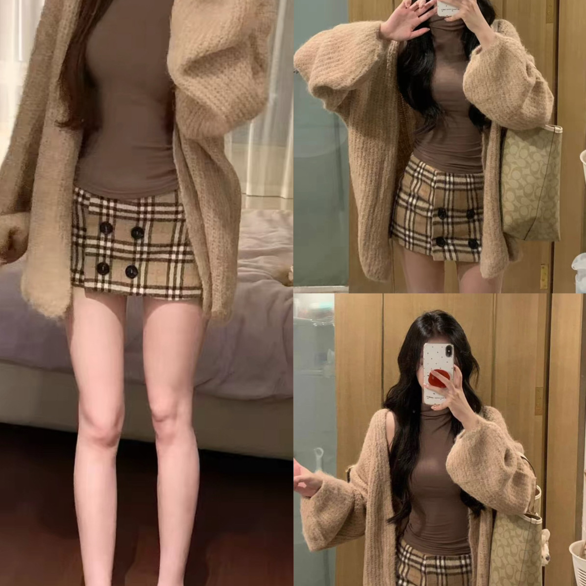 夏季短套装女立领无袖背心内搭格子拼接短裙半身裙轻熟御姐三件套