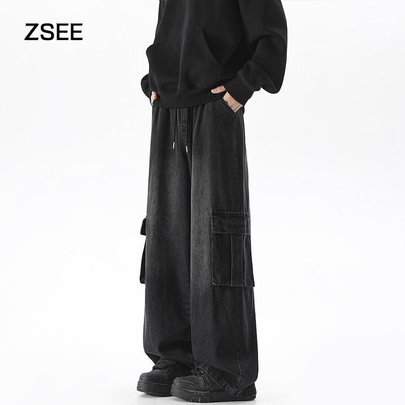 ZSEE春秋季美式潮牌宽松大码直筒牛仔裤男生水洗黑色工装长裤子
