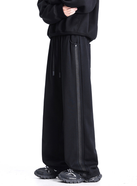 ZSEE秋冬新款加绒卫裤男宽松直筒美式潮牌黑色渐变水洗休闲运动裤