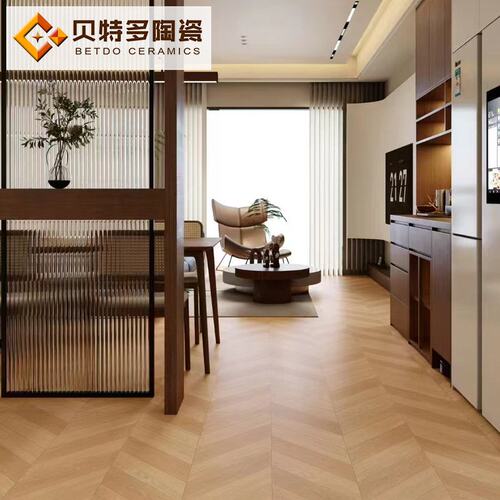 柔光天鹅绒鱼骨纹木纹砖600x1200客厅卧室中古风地板砖焦糖色地砖