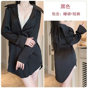 瑰若火辣深V低胸睡衣甜美丝滑缎面性感舒适男友风衬衫女套装5454