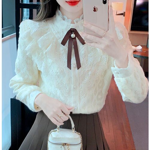春季小香风加厚蝴蝶结蕾丝衬衫