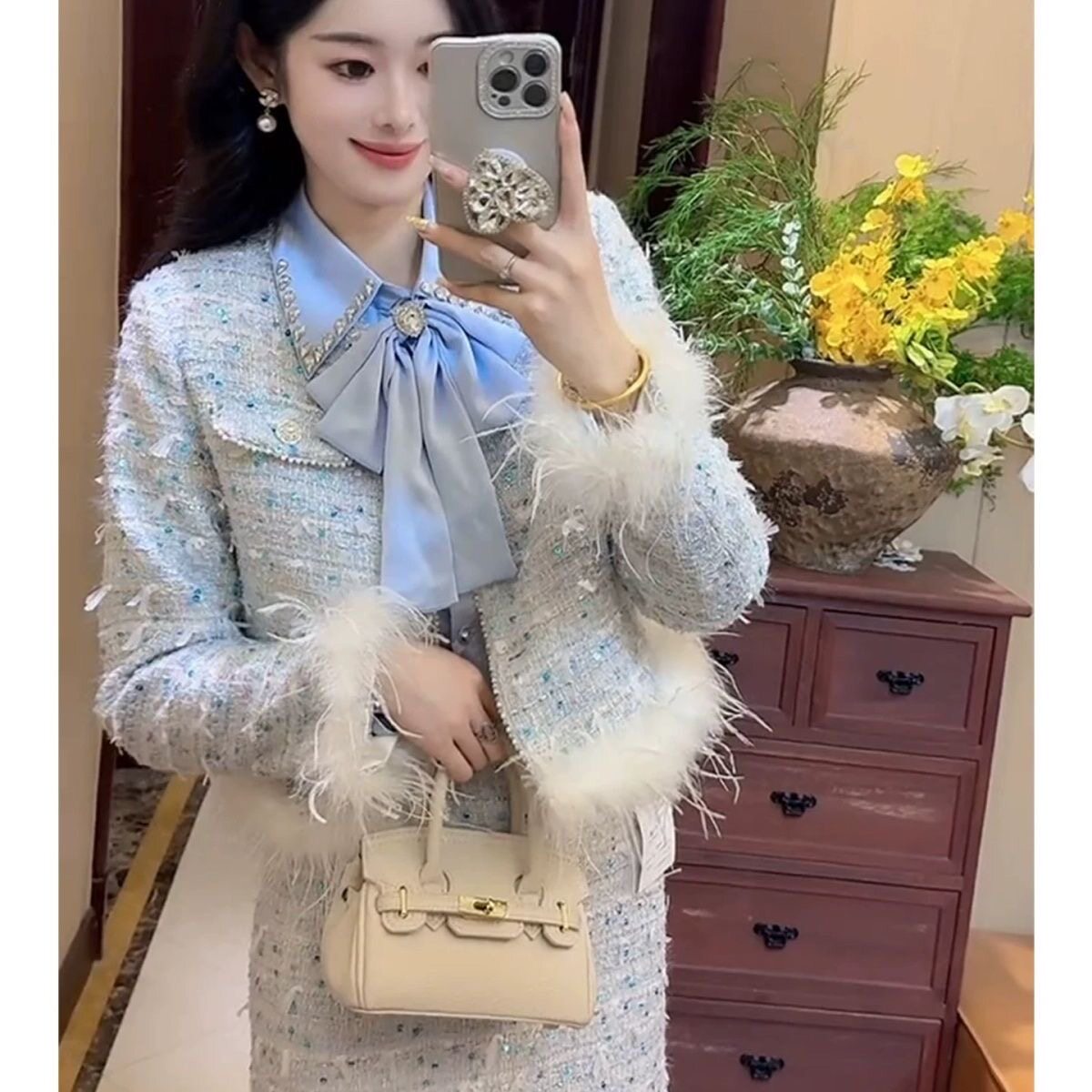 蓝色小香风重工亮片气质名媛高端羽毛羽绒服内胆两件套装裙女冬季