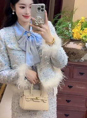 蓝色小香风重工亮片气质名媛高端羽毛羽绒服内胆两件套装裙女冬季