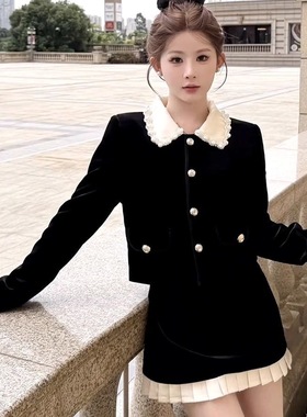 富家千金感黑色丝绒套装女2026春季新款娃娃领短外套+拼接半身裙