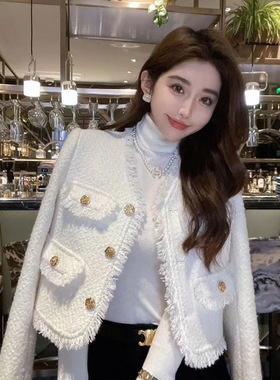 2025秋冬季新款轻奢高级感粗花呢小香风外套矮个子法式白色外套女