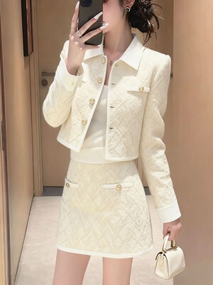 2025春季新款小香风外套半身裙套装女高级感气质翻领金属扣两件套