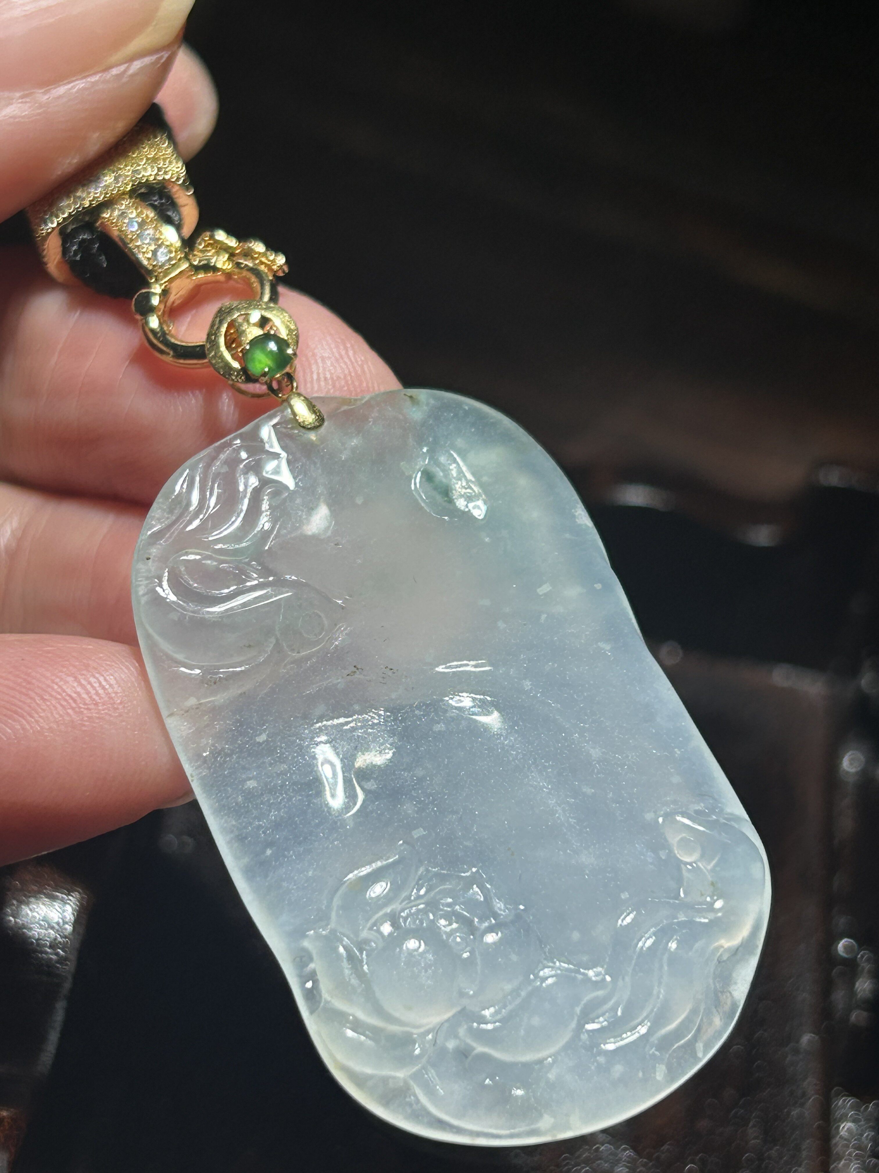 米町珠宝 天然缅甸翡翠A货吊坠挂饰木纳雪花冰玻龙石年年有余莲花