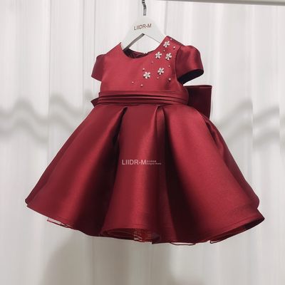 新款酒红女宝儿童女气质礼服钢琴生日演出服装主持简洁大方连衣裙