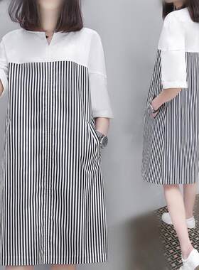 2021春夏新款韩版短袖套头条纹连衣裙女宽松A字打底中长裙子潮