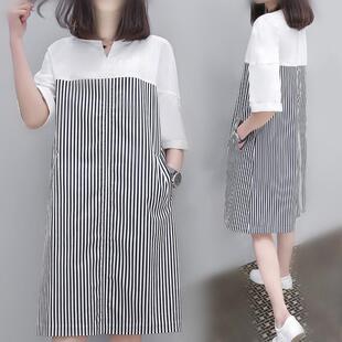 2021春夏新款韩版短袖套头条纹连衣裙女宽松A字打底中长裙子潮