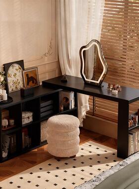 黑色转角梳妆台成人家用学习桌书架一体卧室半包围收纳柜中古书桌