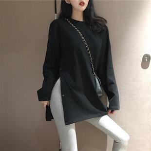 2021早秋新款秋衣开叉纽扣长袖t恤女上衣ins超火的小清新仙女